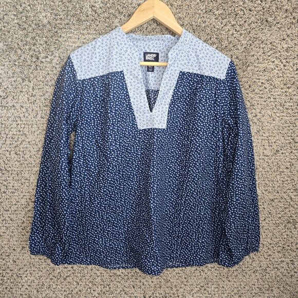Lands End Top Womens Medium Blue‎ Floral Print V Neck Blouse Long Sleeve Ladies - Picture 1 of 7